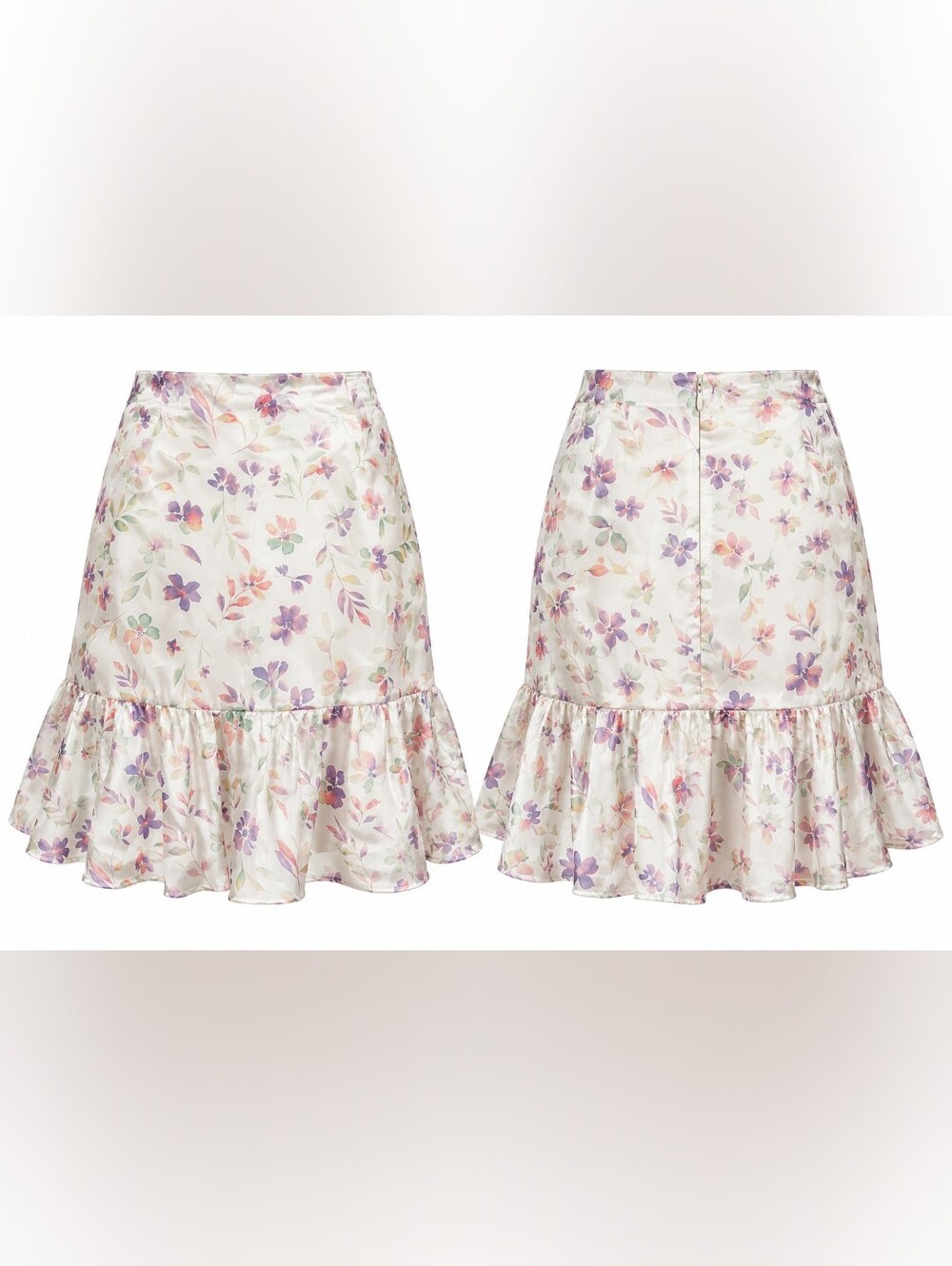 Wildfox Floral Satin Ruffle Hem Midi Skirt Ivory Purple L NWT Pastel Watercolor